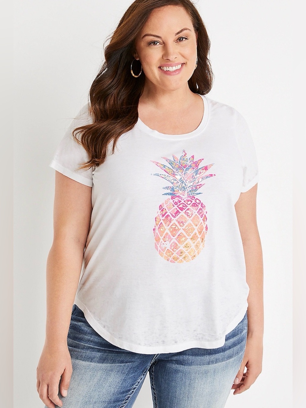 Maurices White Tee with Pink & Orange and Gold Metallic Pineapple Graphic